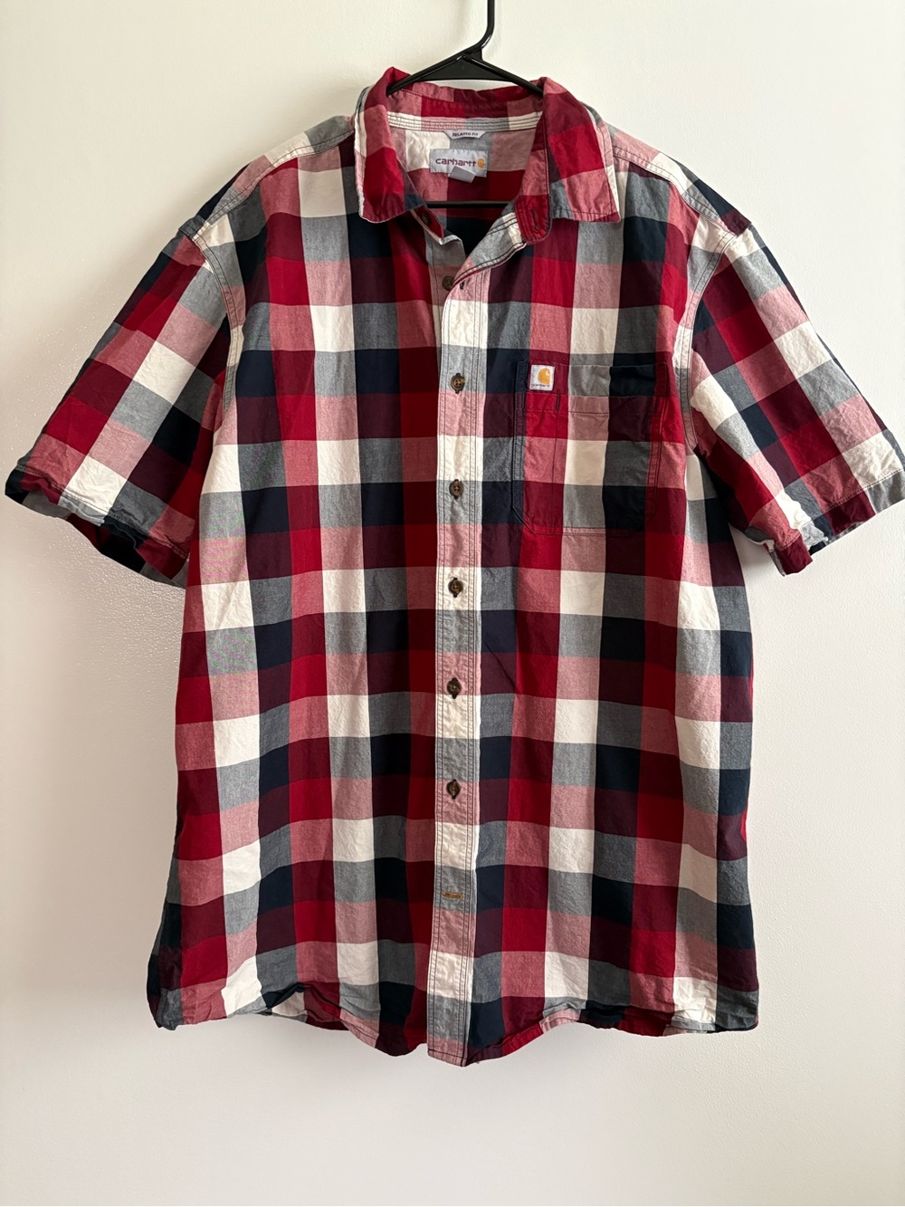 Carhartt Plaid Short Sleeve Button Down Shirt Men’s XL Tall Relaxed Fit Red Blue